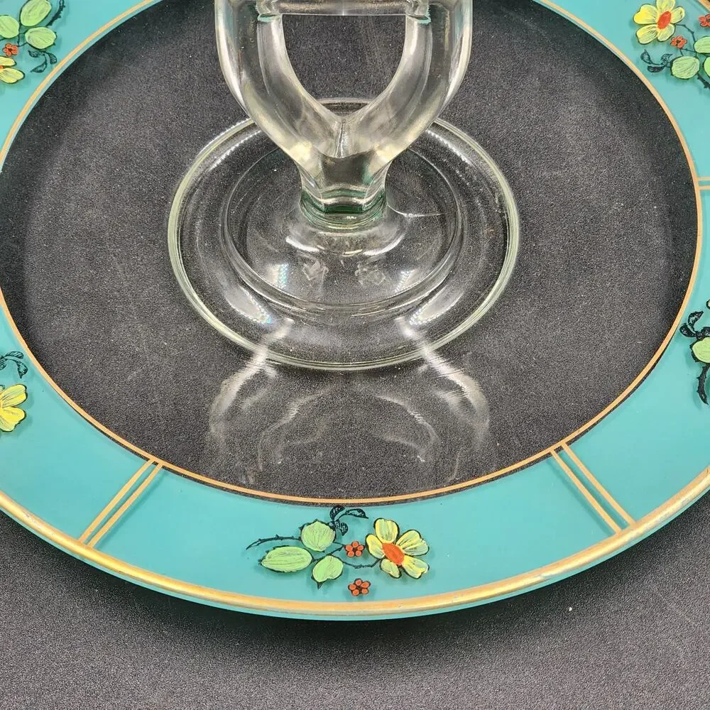 Reverse Painted Glass Tidbit Tray French Cottage Blue MCM Serving Tray 11